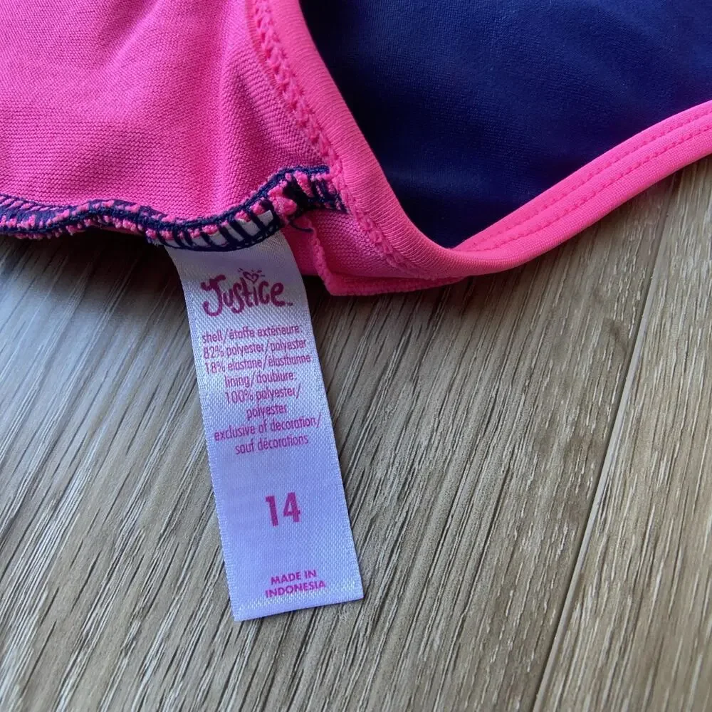 Justice One Piece Swimsuit Sz 14 Blue Pink Lining LOVE Sequin Flip Modest